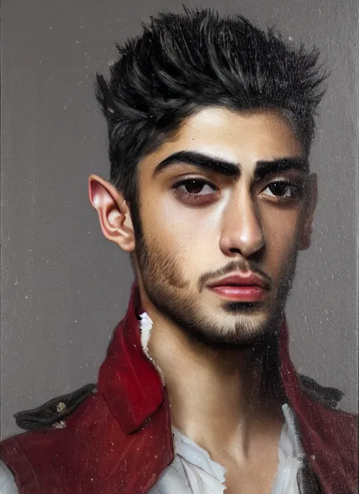 Image similar to head and shoulders portrait painting of young man who looks like zayn malik as an elf by jeremy mann, wearing leather napoleonic military style jacket, only one head single portrait, pointy ears, dark background, soft top lighting