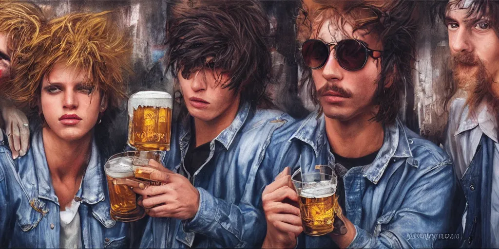 Image similar to beautiful oil matte portrait painting, 8 0 s punks sitting on the berlin wall drinking bottles of beer and listening to a boombox, wonderful masterpiece highly detailed, beautiful cinematic light deep focus, elegant, digital painting, smooth, sharp focus, golden ratio, dramatic illumination, ultra realistic, 8 k, art by jimmy law