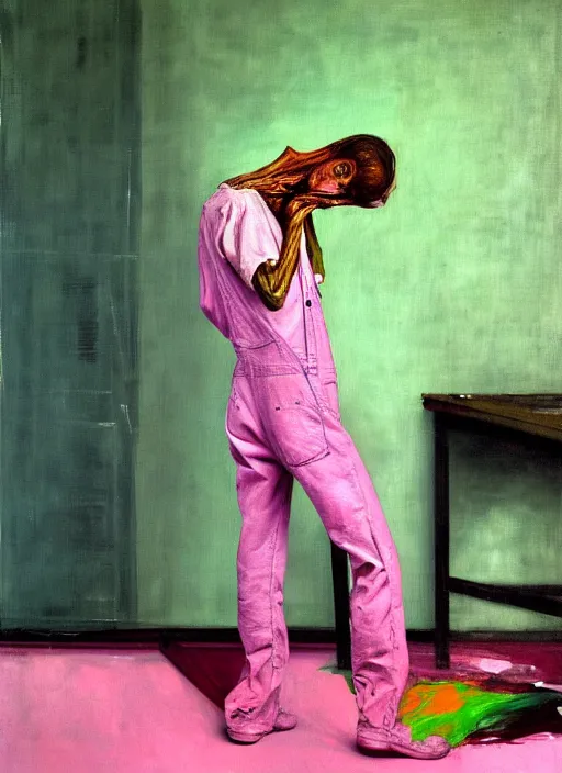Prompt: an insane, skinny, artist wearing overalls, expressive painting the walls inside a grand messy studio, hauntingly surreal, highly detailed painting by francis bacon, edward hopper, adrian ghenie, gerhard richter, and james jean, soft light 4 k in pink, green and blue colour palette, cinematic composition,