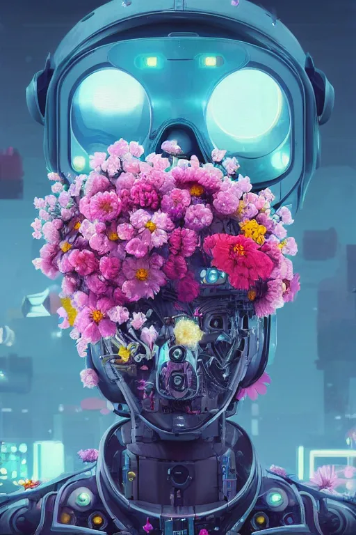 Prompt: a painting of a robot with flowers in his face, cyberpunk art by Mike Winkelmann, cgsociety, panfuturism, made of flowers, cryengine, prerendered graphics