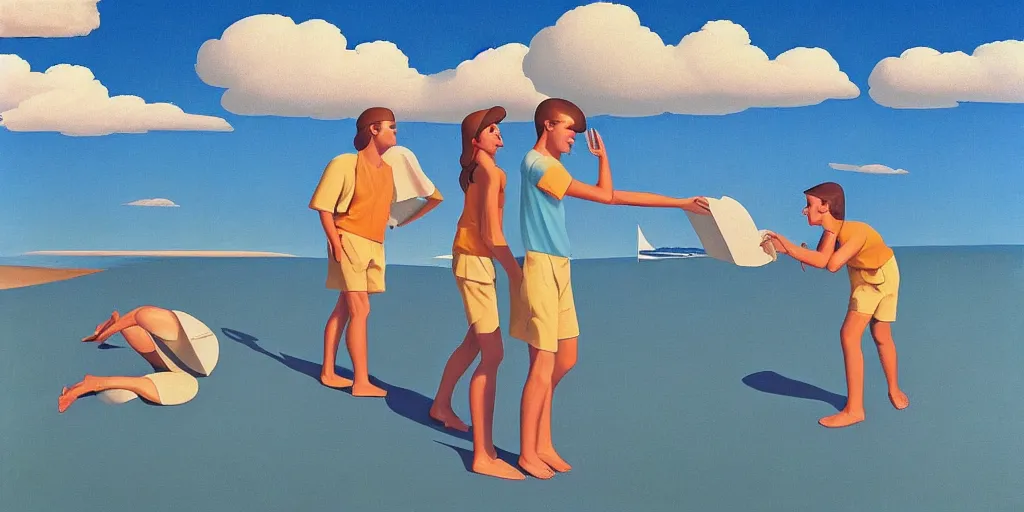 Prompt: beach boys, blue sky, summer evening, kenton nelson