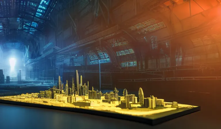 Image similar to sparse crowd of people in walled warehouse, looking at hologram of futuristic city on a table, cinematic concept art, godrays, golden hour, natural sunlight, 4 k, clear details, tabletop model buildings, center model buildings, hologram center, crane shot, crane shot, crane shot