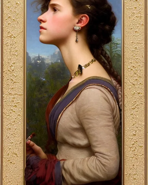 Prompt: a portrait painting of a shy, blushing 1 6 - year old alicia vikander or millie bobby brown as a princess with mouth open in awe, wearing tons of opal jewelry, intricate, elegant, highly detailed, artstation, concept art, by krenz cushart and donato giancola and william adolph bouguereau and alphonse mucha