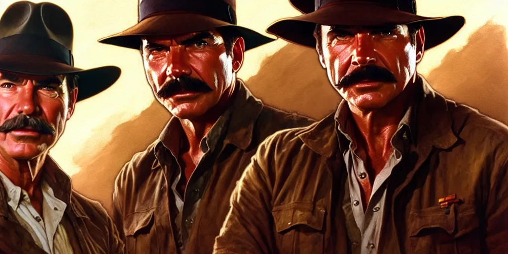 Image similar to tom selleck as indiana jones, cinematic, highly detailed, digital painting, artstation, concept art, matte, sharp focus, illustration, art by artgerm and greg rutkowski and alphonse mucha