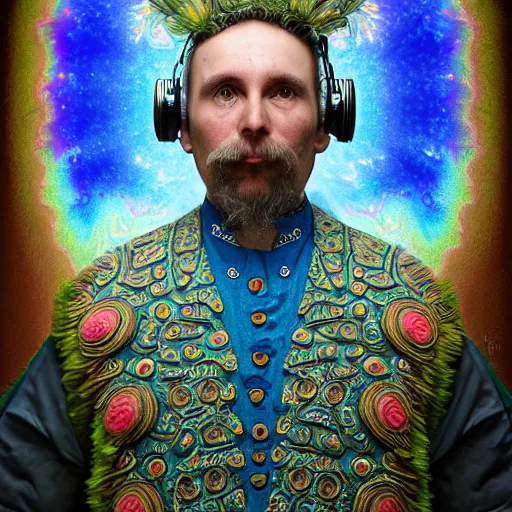 Image similar to Colour mandelbulb 3d fractal style full body portrait Photography of Highly detailed Man wearing detailed Ukrainian folk costume designed by Taras Shevchenko with 1000 years perfect face wearing highly detailed retrofuturistic VR headset designed by Josan Gonzalez. Many details In style of Josan Gonzalez and Mike Winkelmann and andgreg rutkowski and alphonse muchaand and Caspar David Friedrich and Stephen Hickman and James Gurney and Hiromasa Ogura. Rendered in Blender and Octane Render volumetric natural light