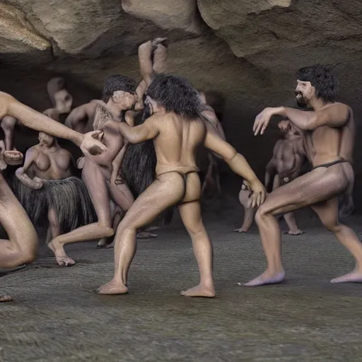 Prompt: photo of ancient cavemen dancing around a single beer can, high detail, ultra realistic, 4k UHD, pristine