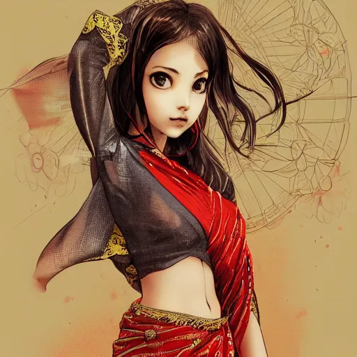 Image similar to girl in saree lighting firecracker, elegant, young sensual anime girl, ultrafine hyperrealistic detailed face illustration by kim jung gi, irakli nadar, intricate linework, sharp focus, bright colors, matte, octopath traveler, final fantasy, unreal engine highly rendered, global illumination, radiant light, intricate environment