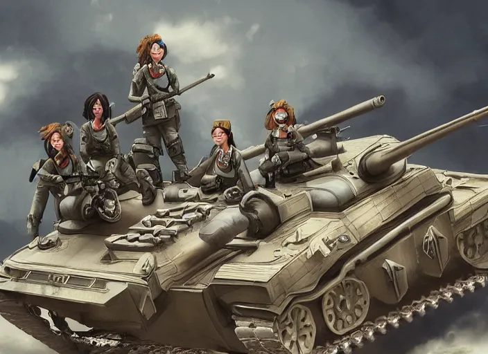 Image similar to Female tank crew posing triumphantly next to their tank, tankobon, trending on artstation, highly detailed