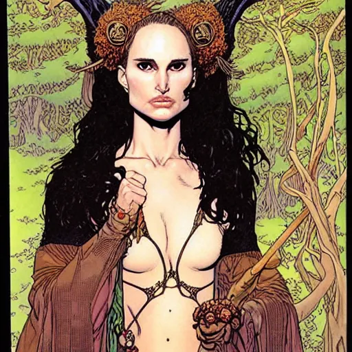 Image similar to a realistic portrait of natalie portman as a druidic wizard by rebecca guay, michael kaluta, charles vess and jean moebius giraud