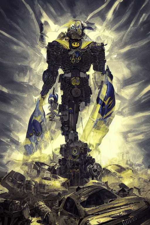 Image similar to a full body shot from distance of a super soldier with a Ukrainian blue and yellow stripes flag standing in the beam of light from the clouds on a pile of skulls and rotten cars as a winner, masculine figure, D&D, fantasy, intricate, elegant, highly detailed, digital painting, artstation, concept art, matte, sharp focus, symmetrical, illustration, hyperrealistic, art by Artgerm and Greg Rutkowski and Alphonse Mucha