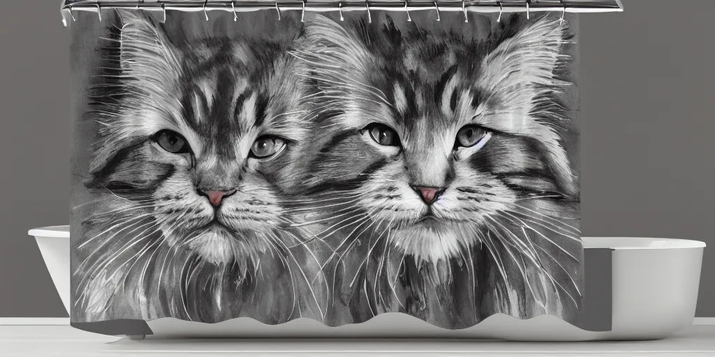 Image similar to shower curtain product catalog. on the curtain is a watercolor with ink under drawing of one maine coon kitten with a toy. wide - angle product photography, product lighting. 4 k, highly detailed. saturated.