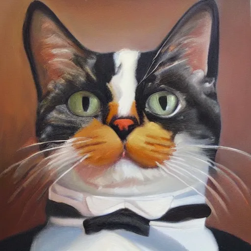 Prompt: oil painting of a cat wearing a tuxedo