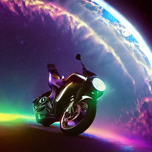 Prompt: high detail photo of a deserted iridescent color yamaha motorcycle floating in space inside magic colorful glowing sparkling fog, circular planet behind it, starry sky, tranquil, desolate, atmospheric, hazy, autochrome, 8k, reflections, octane render, unreal engine 5