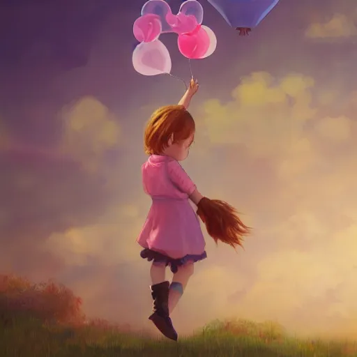 Image similar to a little girl child holding balloons and flying in the sky , dream ,magical, concept art trending on artstation,