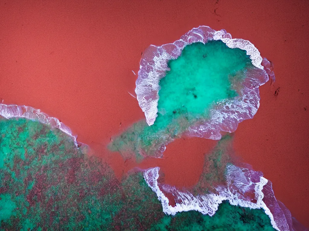 Image similar to purple table, red sand beach, green ocean, nebula sunset