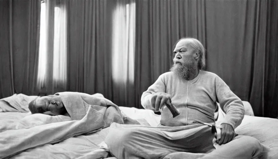 Prompt: 1 9 6 0 s movie still by tarkovsky of an elder socrates drinking a hemlock bowl on a bed in a room with collumns, cinestill 8 0 0 t 3 5 mm b & w, high quality, heavy grain, high detail, panoramic, ultra wide lens, cinematic composition, dramatic light, anamorphic, raphael style, piranesi style