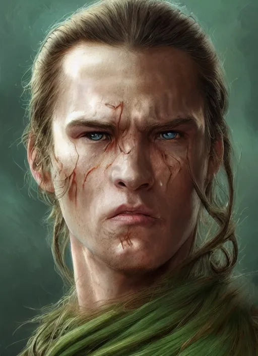 Image similar to a warrior in his twenties smirking with long light brown hair tied back, light green eyes, a large forehead, a widows peak and a round face with high cheekbones and full lips as a realistic d & d fantasy character, portrait art by donato giancola and greg rutkowski, vintage retro, realistic face, digital art, trending on artstation