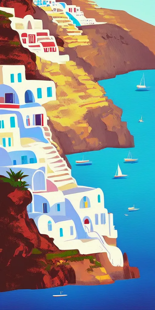 Image similar to a travel poster illustration depicting a house in santorini with an ocean view, vintage style, white architecture, digital painting, vector art, trending on artstration, by anton fadeev, by alena aenami