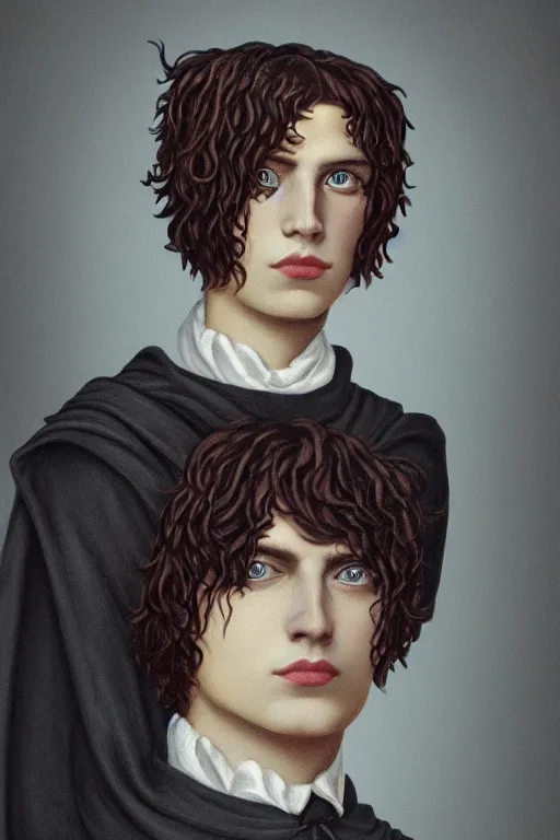 Image similar to portrait of beautiful young gothic man, warhammer, the middle ages, highly detailed, artstation, illustration, art by rene magritte