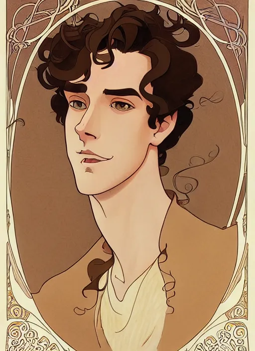 Image similar to art nouveau portrait of a handsome young man with curly medium length very messy light brown hair, brown eyes, aloof, t - shirt, natural lighting, path traced, highly detailed, high quality, cartoon, digital painting, by don bluth and ross tran and studio ghibli and alphonse mucha