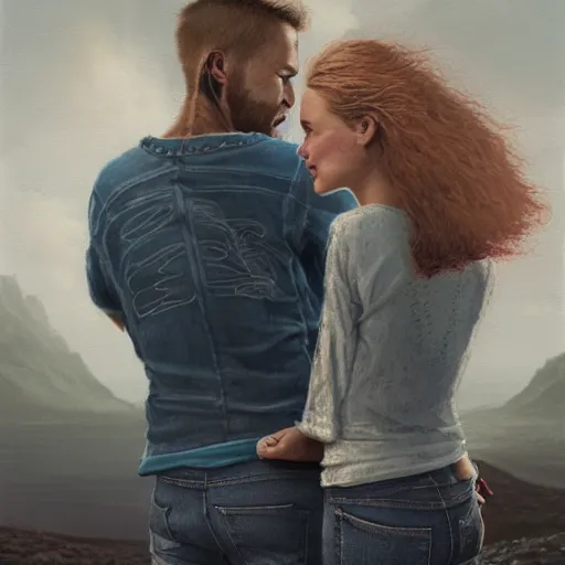 Image similar to a highly detailed portrait from behind of a young couple from the side, holding a tin can, remote icelandic village, summer, jeans and t shirt, blonde hair, muted colors, by tom bagshaw, trending on artstation,