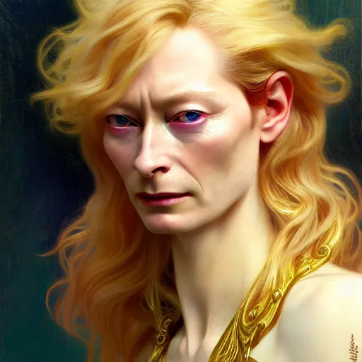 Image similar to young adult tilda swinton as lucifer morningstar, long blond hair, natural lighting, path traced, highly detailed, high quality, digital painting, by gaston bussiere, craig mullins, alphonse mucha j. c. leyendecker