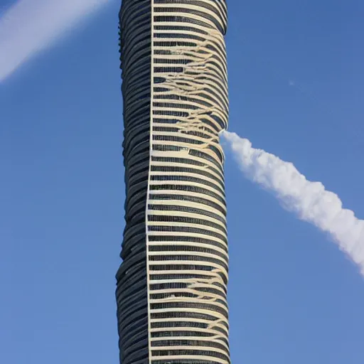 Image similar to sideways Twin Towers collapse horizontally in the cloudless Tuesday sky