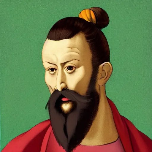 Image similar to portrait painting of surprising Michelangelo di Lodovico with topknot in the style of japanese cartoon with green background for editing