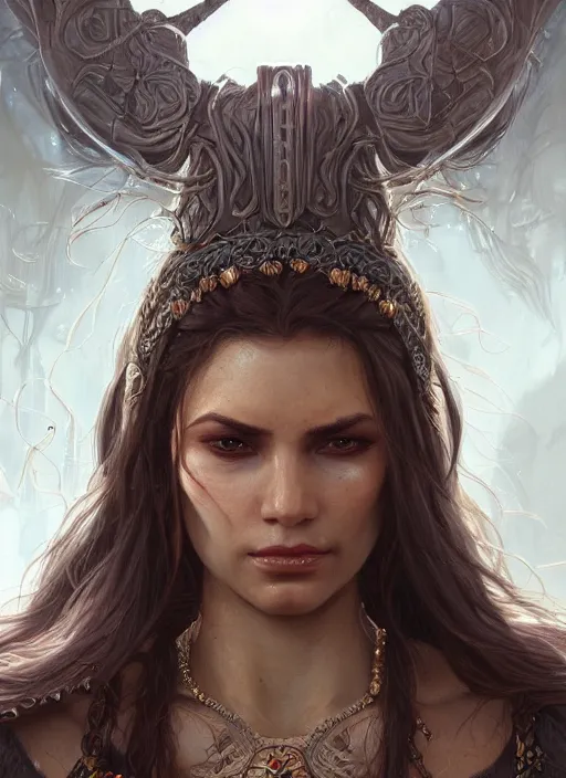 Prompt: up close portrait of a beautiful female orc with long hair, d & d, face, fantasy, intricate, elegant, highly detailed, digital painting, artstation, concept art, smooth, sharp focus, 4 k uhd, illustration, art by artgerm and greg rutkowski and alphonse mucha