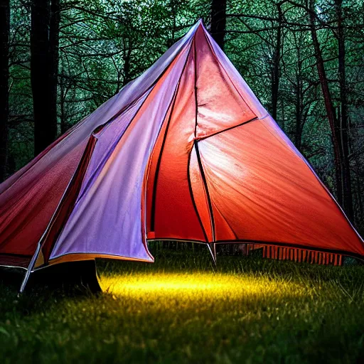 Image similar to fancy tent with light inside it in the middle of the forest, artistic,