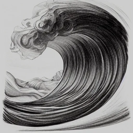 Image similar to an beautiful painting of one single hawaiian wave painted by albrecht durer, monochromatic color scheme, high detail, breathtaking wave, lineart!, line art, soft colors, simplicity, charcoal drawing