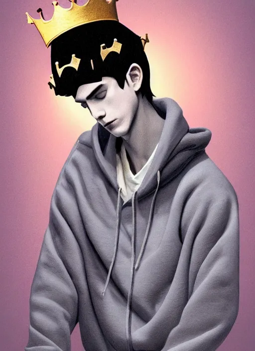 Image similar to portrait of teenage jughead jones wearing a light grey crown, photorealistic, crown made of fabric, crown with pin badges, crown with pins, crown made of felt, black hair, intricate, elegant, highly detailed, digital painting, glowing lights, artstation, concept art, smooth, sharp focus, illustration, art by wlop, mars ravelo and greg rutkowski