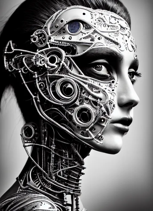 Prompt: a stunning young female crow - cyborg - human profile face, face is made intricate tribal bio - mechanical, editorial photography, bw, shot on 7 0 mm, depth of field, f / 2. 8, high contrast, 1 6 k, volumetric lighting, shiny, insanely detailed and intricate, hypermaximalist, elegant, ornate, hyper realistic, super detailed