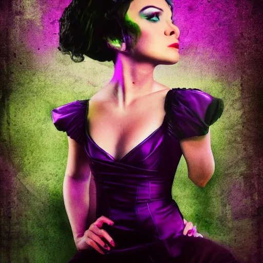 Image similar to a high quality photo of a beautiful woman moody and melanchony with accents of purple and green.