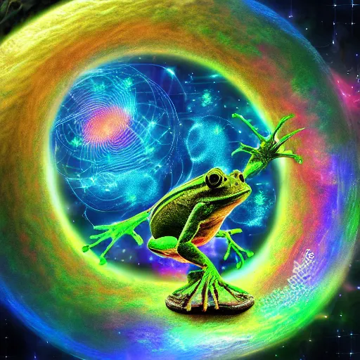 Prompt: time wizard frog warps time and space, surreal, bizarre, trippy, fractal, digital art, cosmic, 8 k