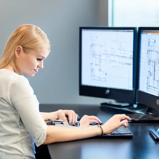 Prompt: a blonde baby girl working CAD computer drafting, civil engineer, sitting at a desk