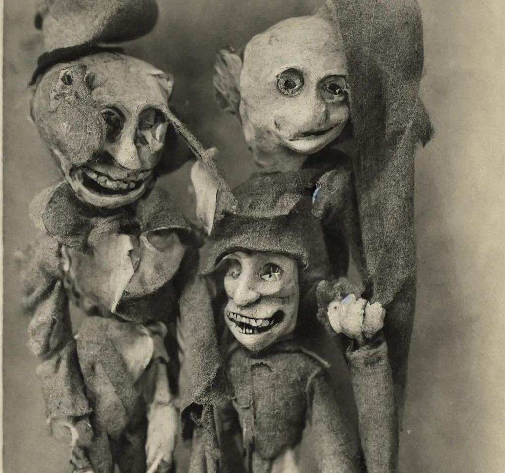 Image similar to a ventriloquist figure wearing a funny hat, ventriloquist dummy head, smiling, photograph, style of atget, nightmare, concept art, creepy, antique