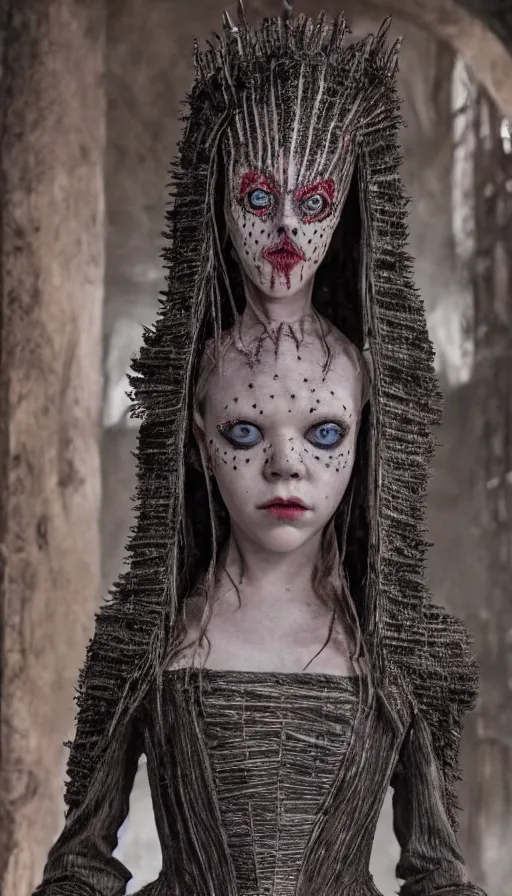 Prompt: dressed anya taylor - joy as pinhead, symmetrical, cinematic, elegant, dark, real photography, costume made by clive barker, 4 k, ultra hd, sense of awe