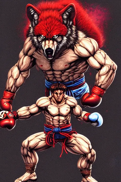 Image similar to extreme long shot. 8 bit nes graphics. antropomorphic muscular masculine wolf. kickboxer fighter, in shorts. streetfighter. wolf head. fine details, very sharp, art from nes game cartridge, 8 0's, vhs artefacts, vaporwave style, marc simonetti and hermann nitsch