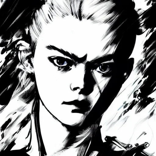 Image similar to a hyper real illustration of Elle Fanning in Metal Gear Solid by Yoji Shinkawa