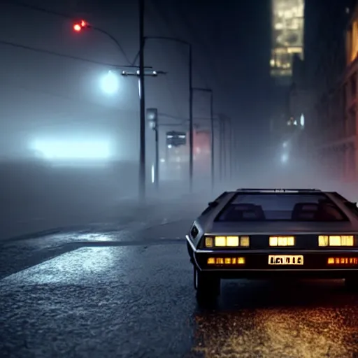 Image similar to hyperdetailed, photorealistic photograph of a dmc 1 2 delorean driving in the streets, rain, night, dense fog, hd, unreal engine 5