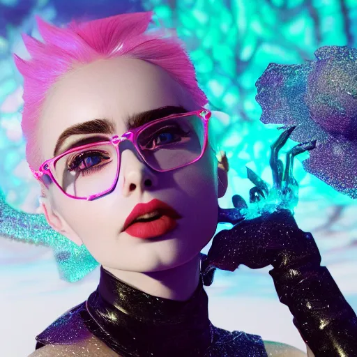 Prompt: a beautiful + blonde + dragon + queen + white hair + cool glasses + pistol + tights + lily collins + black pink, floating under the deep dream water, beautiful smooth soft light, white petal, oil paint, cinematic lighting, octane render, unreal engine 5, closeup, 4 k, highly detailed, instagram,