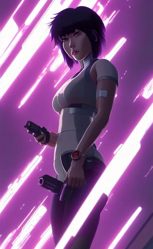 Image similar to a fullbody portrait of motoko kusanagi ghost in the shell, finely detailed features : : gits sac twenty forty five netflix : : by ilya kuvshinov, rossdraws, artgerm, sola digital arts, production ig, volumetric lighting, anti aliasing, raytracing : :