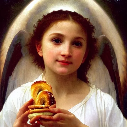 Prompt: a glorious oil painting of an angel inside a car eating a bagel, by Bouguereau, highly realistic and intricate