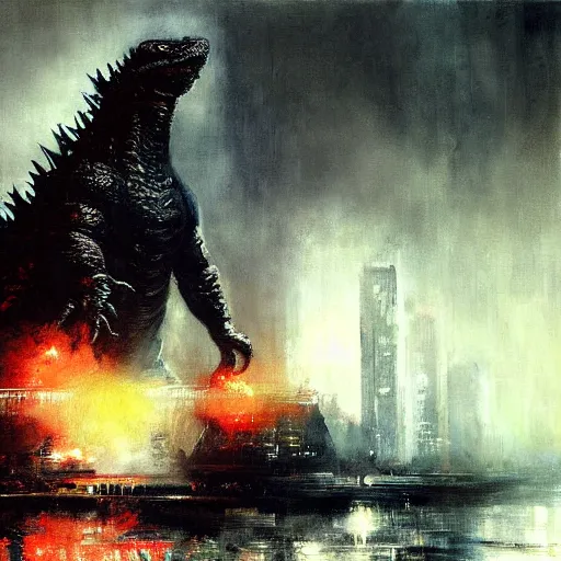 Prompt: godzilla painting by jeremy mann, highly detailed