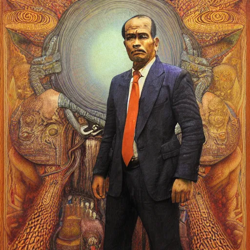 Prompt: hyper realistic traditional mayan art of a businessman in the style of austin osman spare, wayne barlowe, gustav moreau, goward, bussiere and roberto ferri, santiago caruso, bouguereau, klimt, saturno butto, sorayama and tom bagshaw. occult art - h 7 0 8