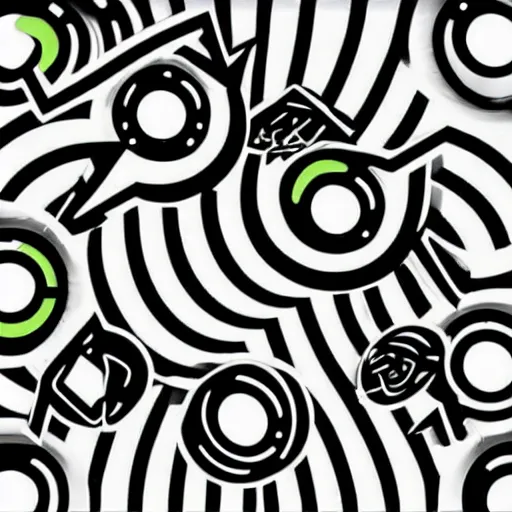 Image similar to acid house music rave graphics psychedelic illustration smiley ecstasy dnb jungle pill graffiti detailed, only black and white and yellow, stripes - c 5