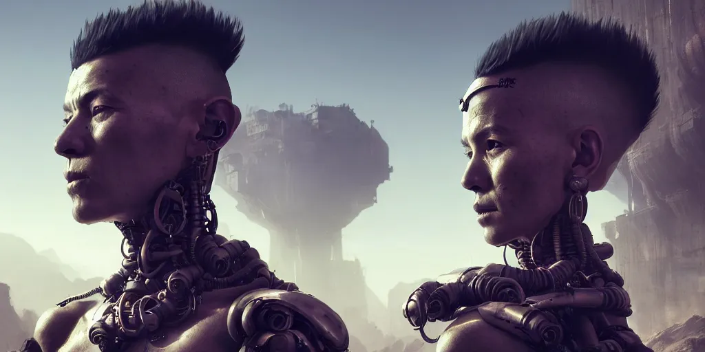 Prompt: meditating monk with mohawk and big tattoo on face and cybernetic enhancements, scifi character portrait by greg rutkowski, craig mullins, cinematic lighting, dystopian scifi outfit, profile picture, mechanical, cyborg, half robot ultra realistic 8 k resolution, the backdrop of a post - apocalyptic landscape.