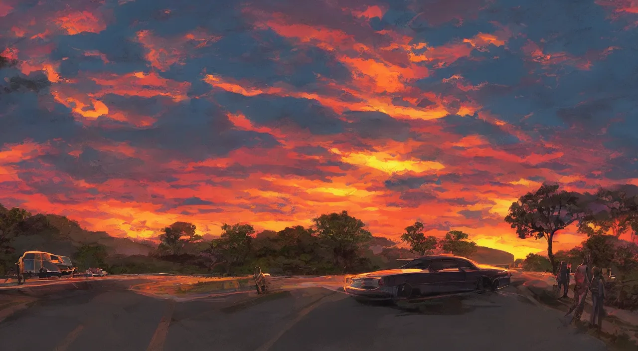 Image similar to rest stop road side south west sunset sky beautiful artstation 4 k breathtaking concept art illustration cartoon by jack kirby