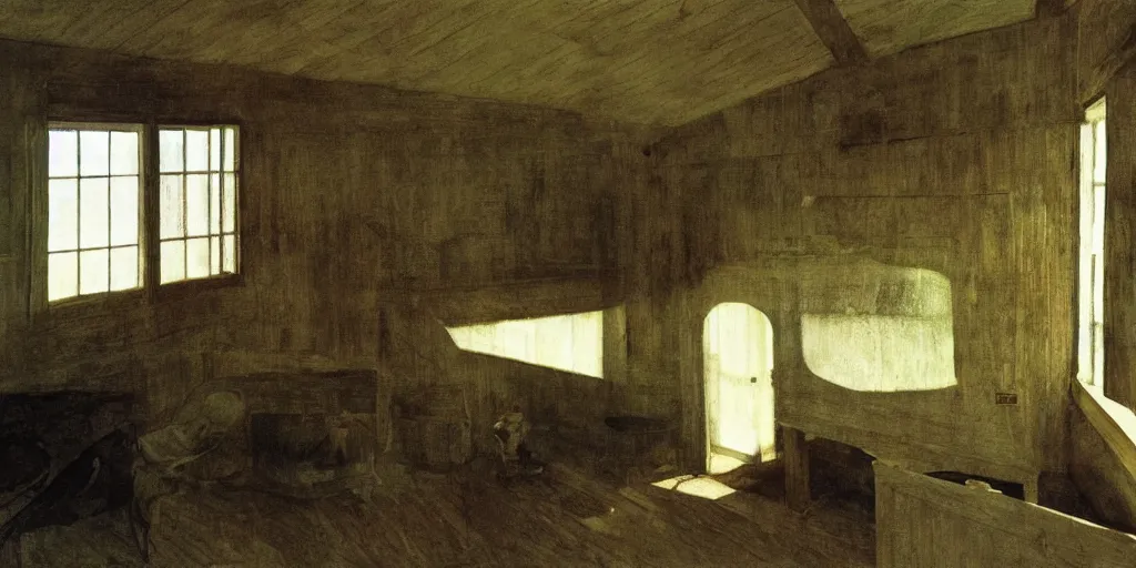 Prompt: Inside the house by the sea, in summer, a painting by Andrew Wyeth